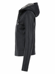 Women's Black Leather Jacket with Fur Hood Left 