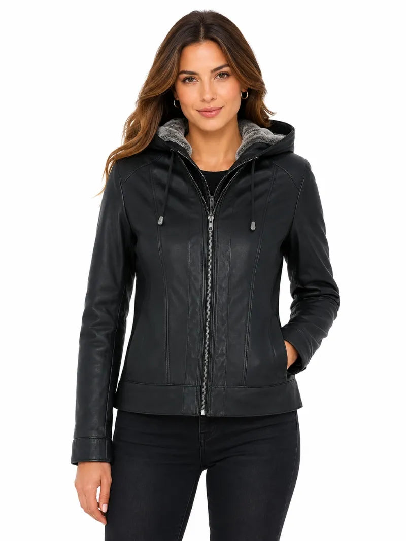 Women's Black Leather Jacket with Fur Hood Full