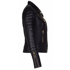 Women's Black Leather Jacket with Quilted Details and Golden Zippers
