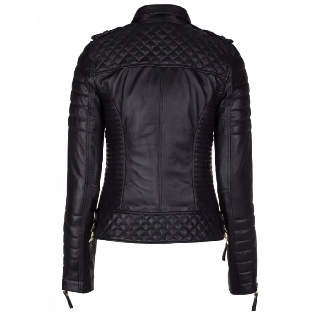 Women's Black Leather Jacket with Quilted Details and Golden Zippers