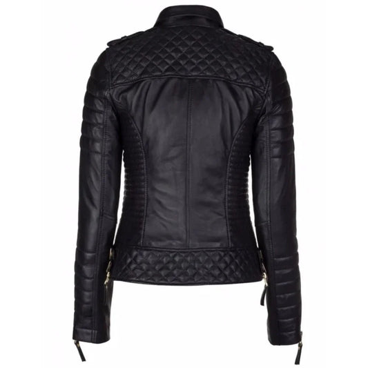 Women's Black Leather Jacket with Quilted Details and Golden Zippers
