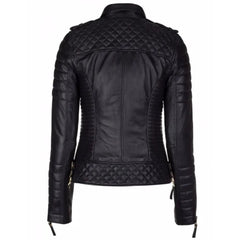 Women's Black Leather Jacket with Quilted Details and Golden Zippers