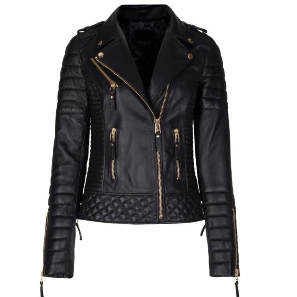 Women's Black Leather Jacket with Quilted Details and Golden Zippers