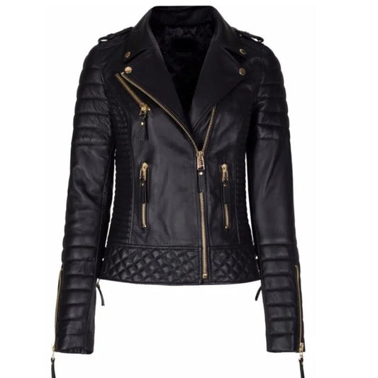Women's Black Leather Jacket with Quilted Details and Golden Zippers