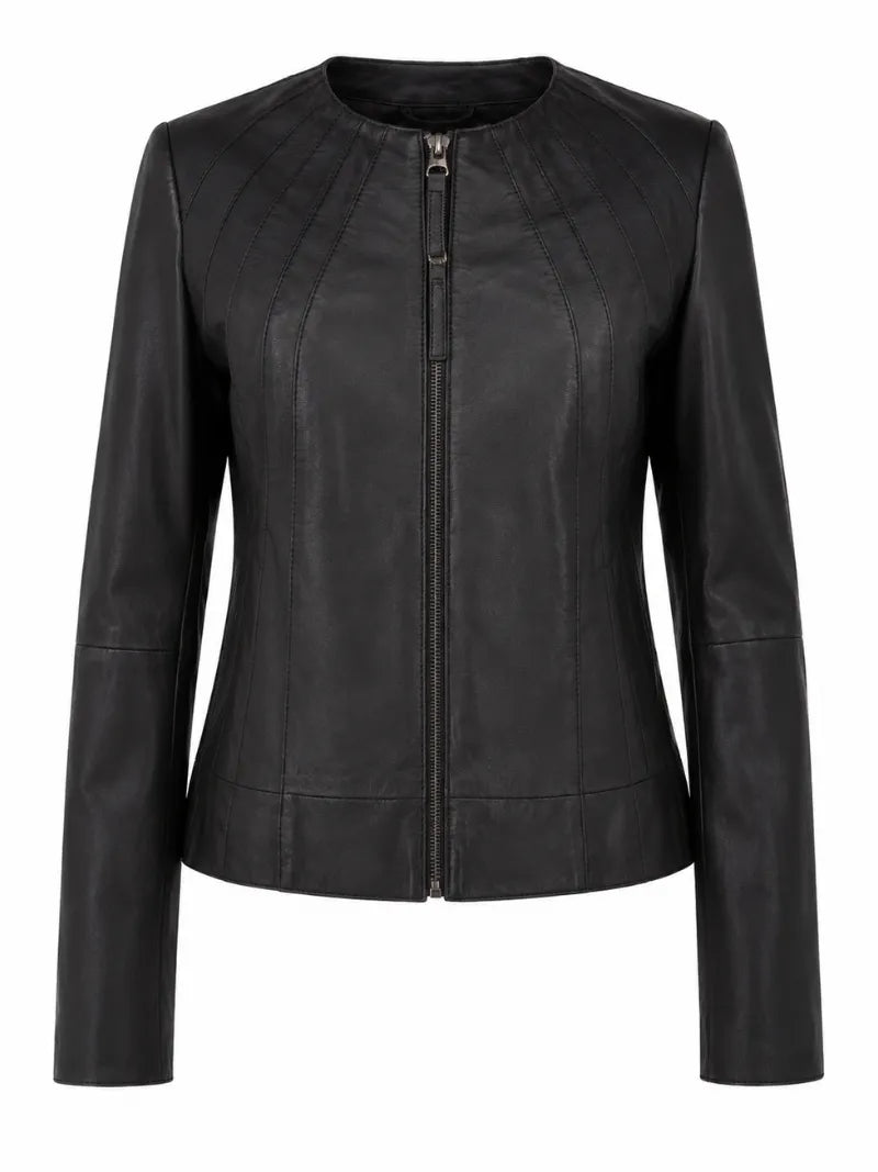 Women's Black Leather Round Collar Jacket Front 