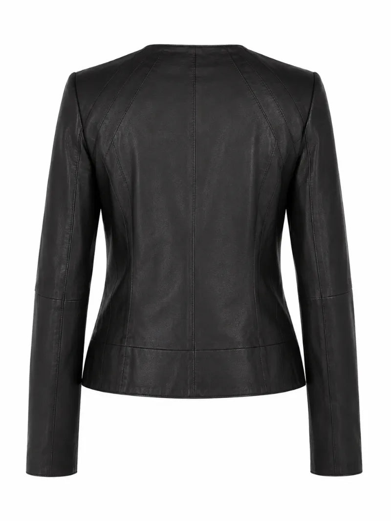 Women's Black Leather Round Collar Jacket Back