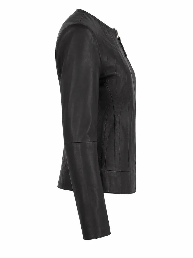 Women's Black Leather Round Collar Jacket Right 