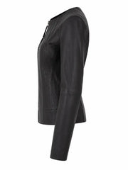 Women's Black Leather Round Collar Jacket Left 