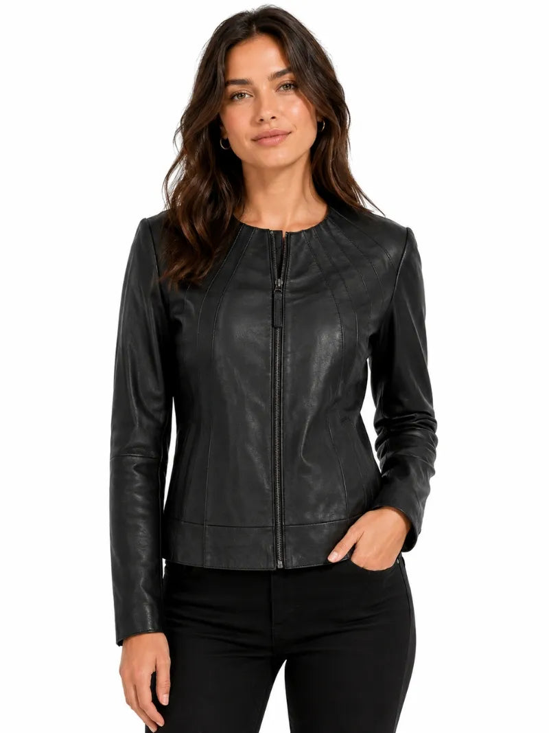 Women's Black Leather Round Collar Jacket Full 