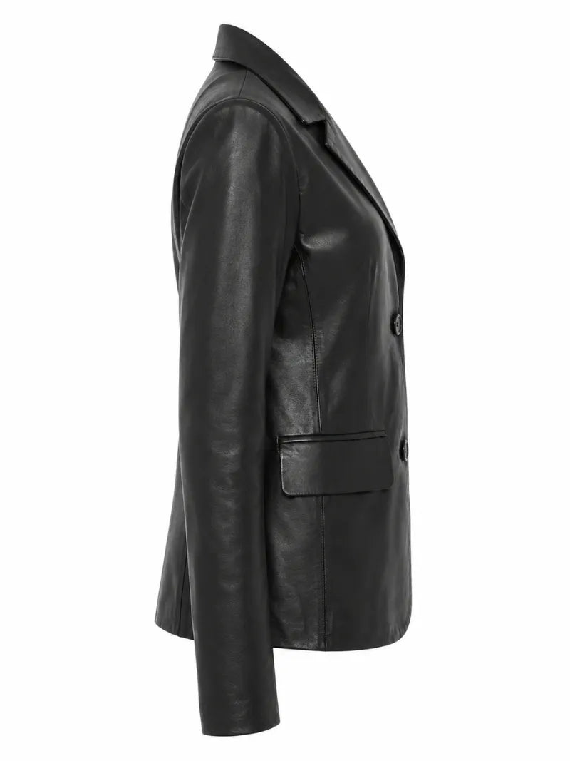 Women's Black Leather Two-Button Blazer