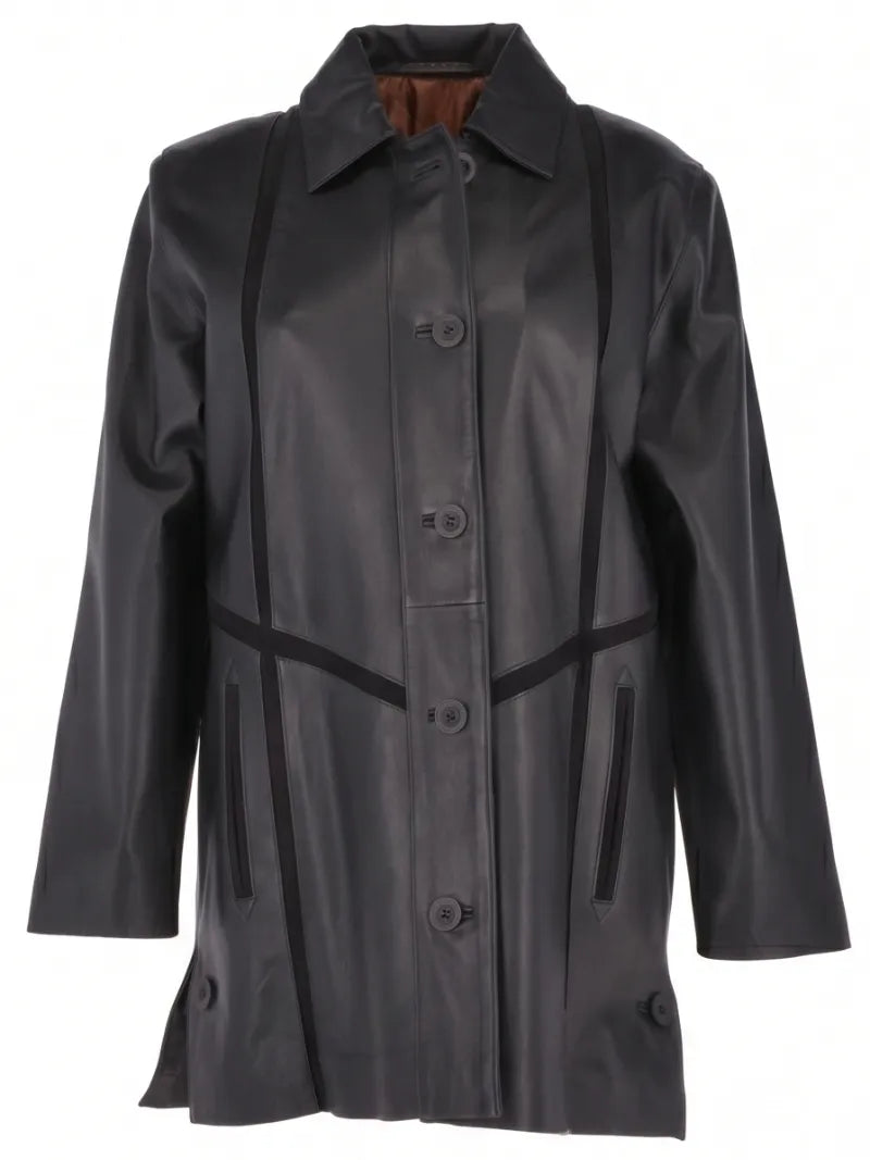 Women's Black Long-Line Leather Coat Front 