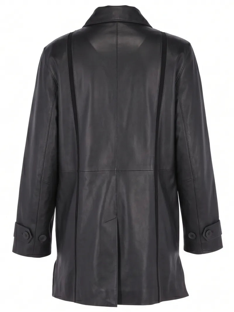 Women's Black Long-Line Leather Coat Back 
