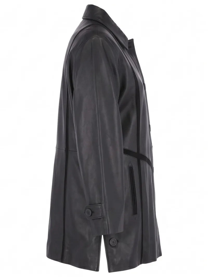 Women's Black Long-Line Leather Coat Right 