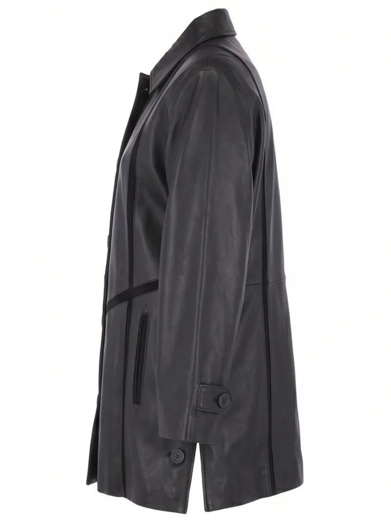 Women's Black Long-Line Leather Coat Left 