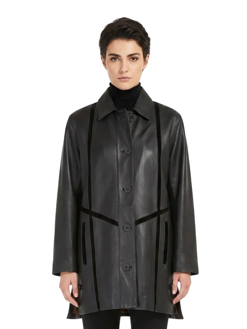 Women's Black Long-Line Leather Coat Full