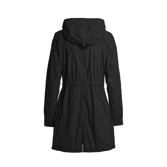 Women's Black Long Hooded Parka with Waist Drawstring
