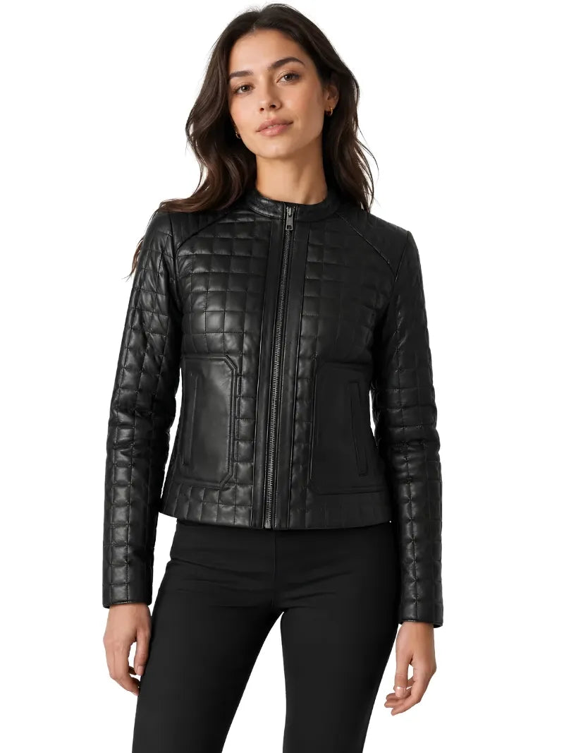Women’s Black Quilted Leather Jacket with Band Collar