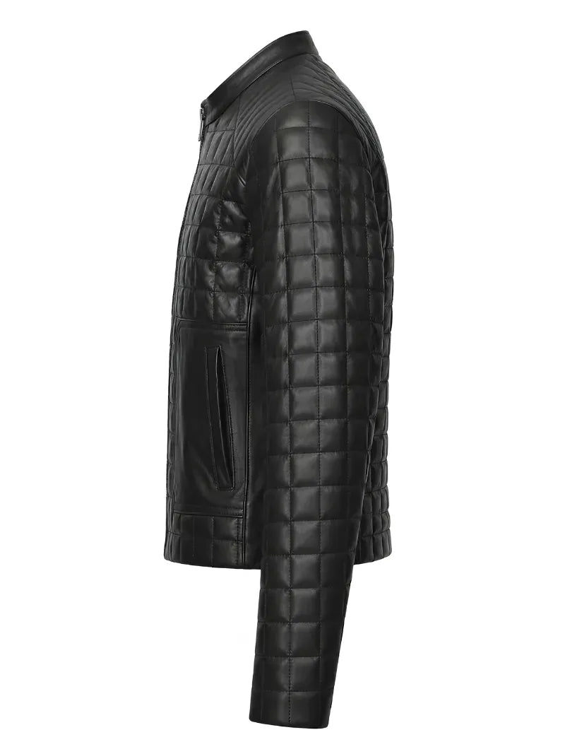 Women’s Black Quilted Leather Jacket with Band Collar