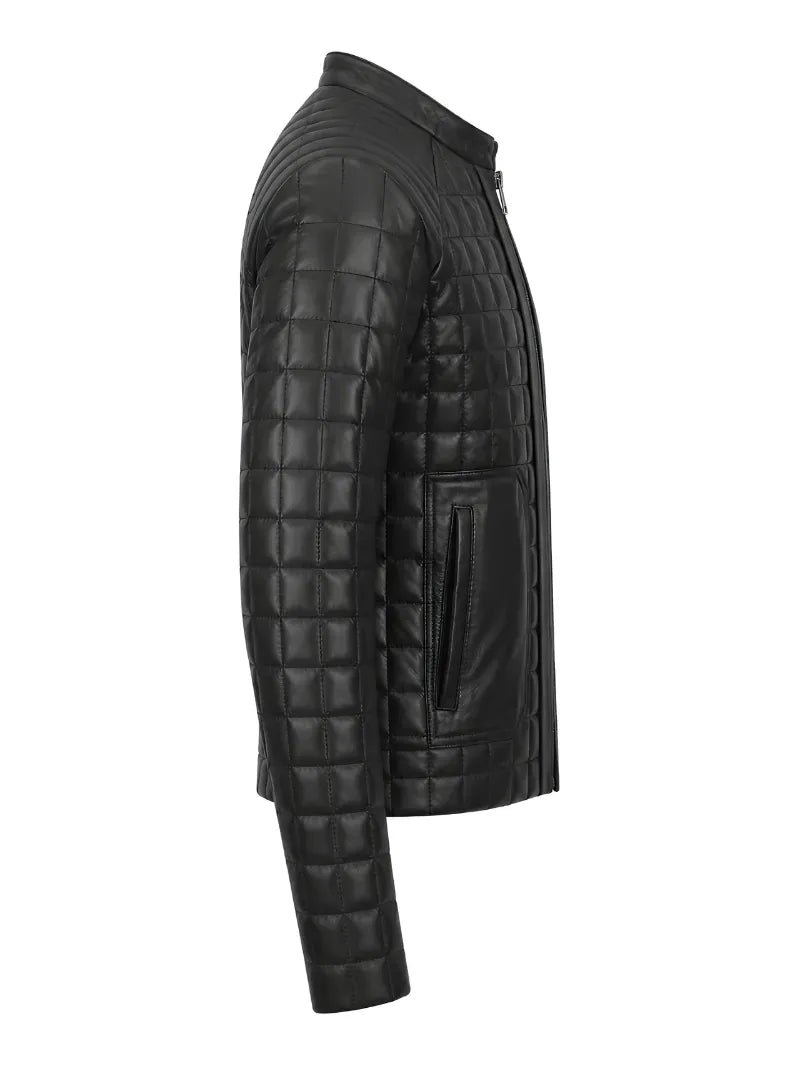 Women’s Black Quilted Leather Jacket with Band Collar