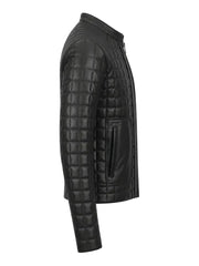 Women’s Black Quilted Leather Jacket with Band Collar