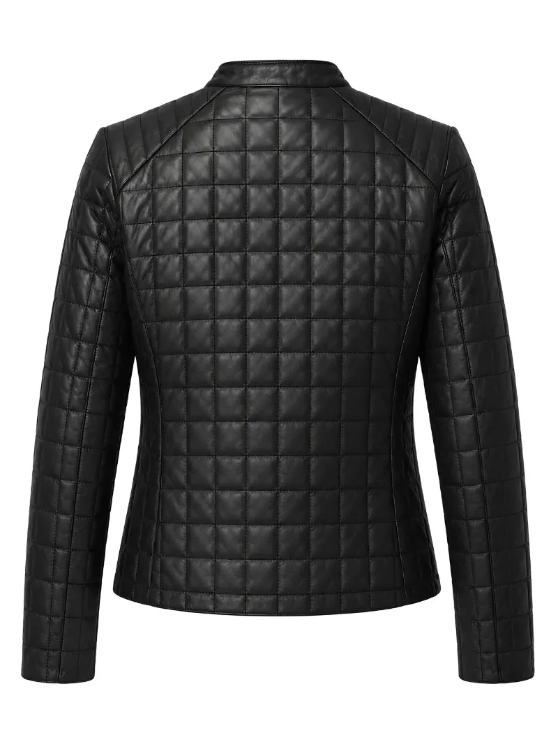 Women’s Black Quilted Leather Jacket with Band Collar