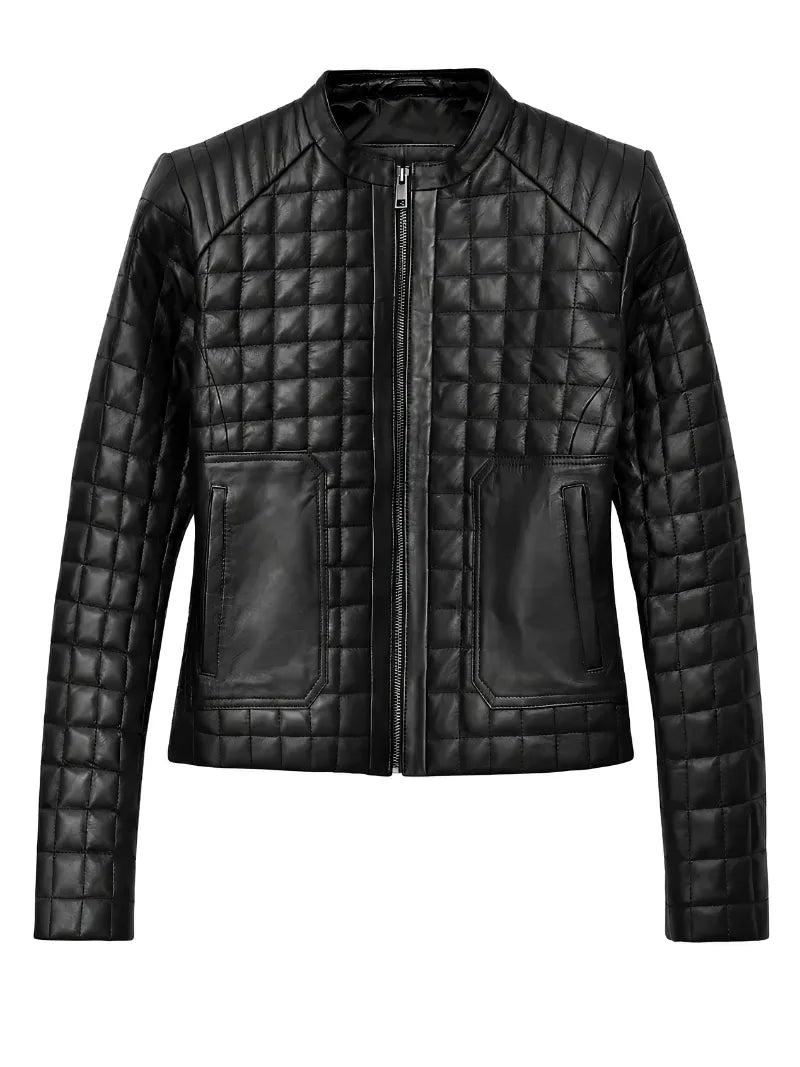 Women’s Black Quilted Leather Jacket with Band Collar