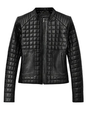 Women’s Black Quilted Leather Jacket with Band Collar