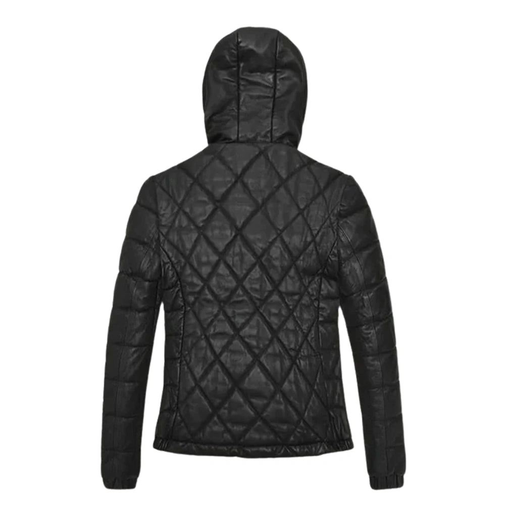 Women’s Black Quilted Leather Jacket with Hood
