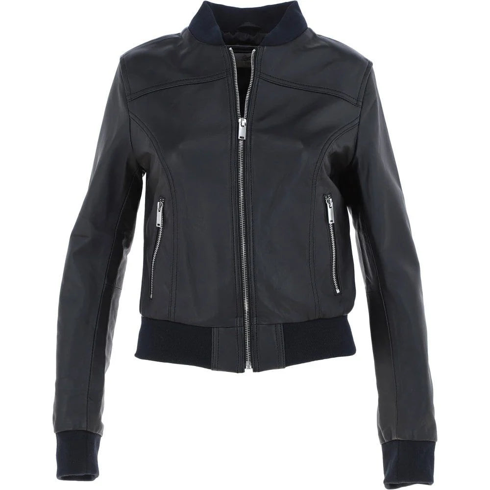 Women's Black Slim-Fit Leather Bomber Jacket