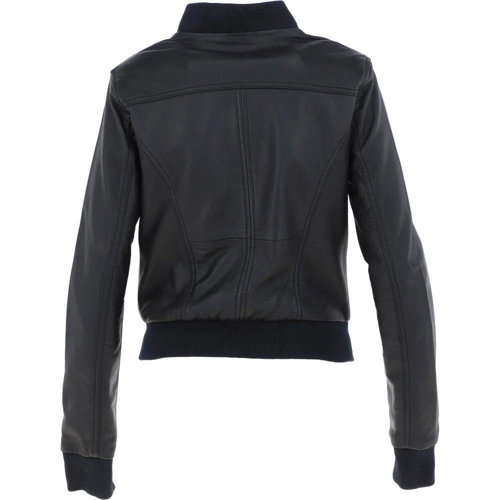Women's Black Slim-Fit Leather Bomber Jacket