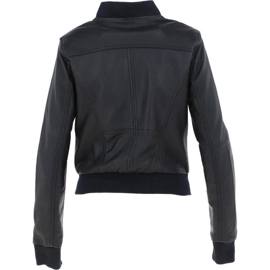 Women's Black Slim-Fit Leather Bomber Jacket