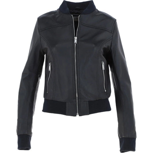 Women's Black Slim-Fit Leather Bomber Jacket