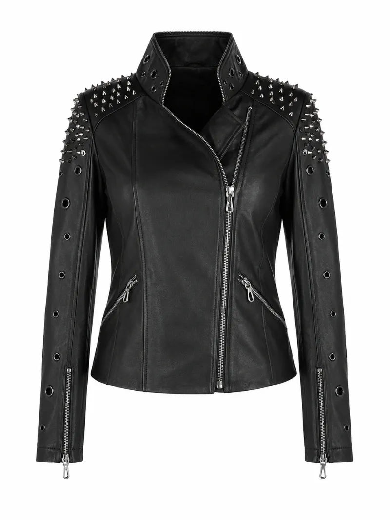 Women's Black Studded Classic Leather Jacket, front view