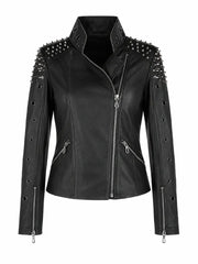 Women's Black Studded Classic Leather Jacket, front view