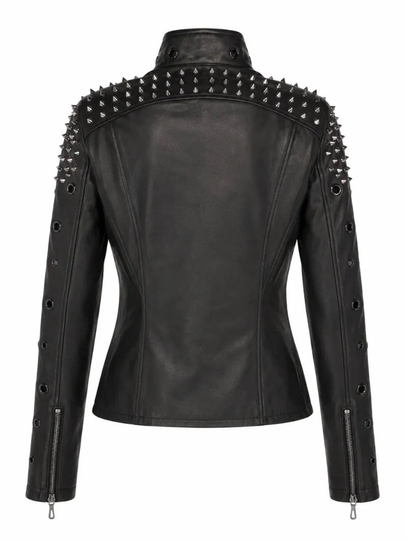 Women's Black Studded Classic Leather Jacket, back view