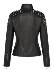 Women's Black Studded Classic Leather Jacket, back view