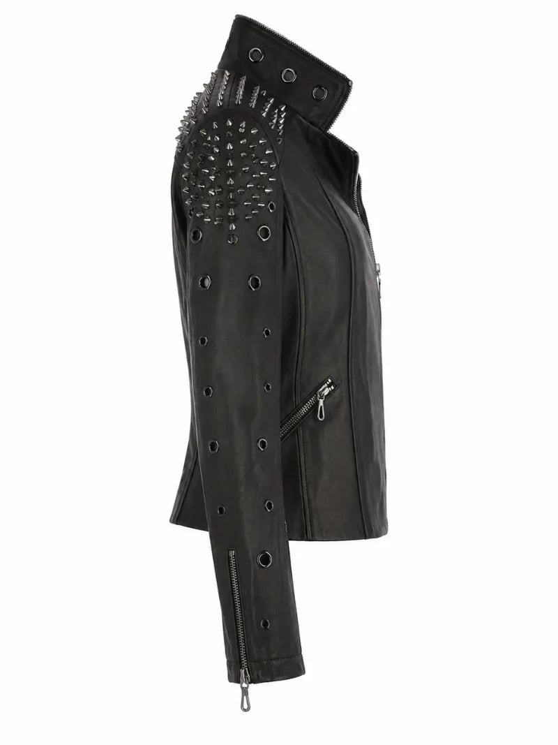 Women's Black Studded Classic Leather Jacket, side view