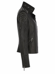 Women's Black Studded Classic Leather Jacket, side view