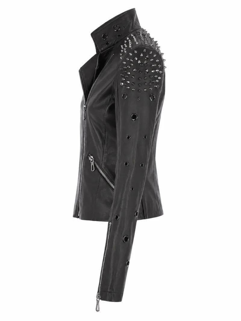 Women's Black Studded Classic Leather Jacket, collar detail
