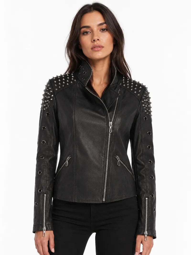 Women's Black Studded Classic Leather Jacket, closure detail