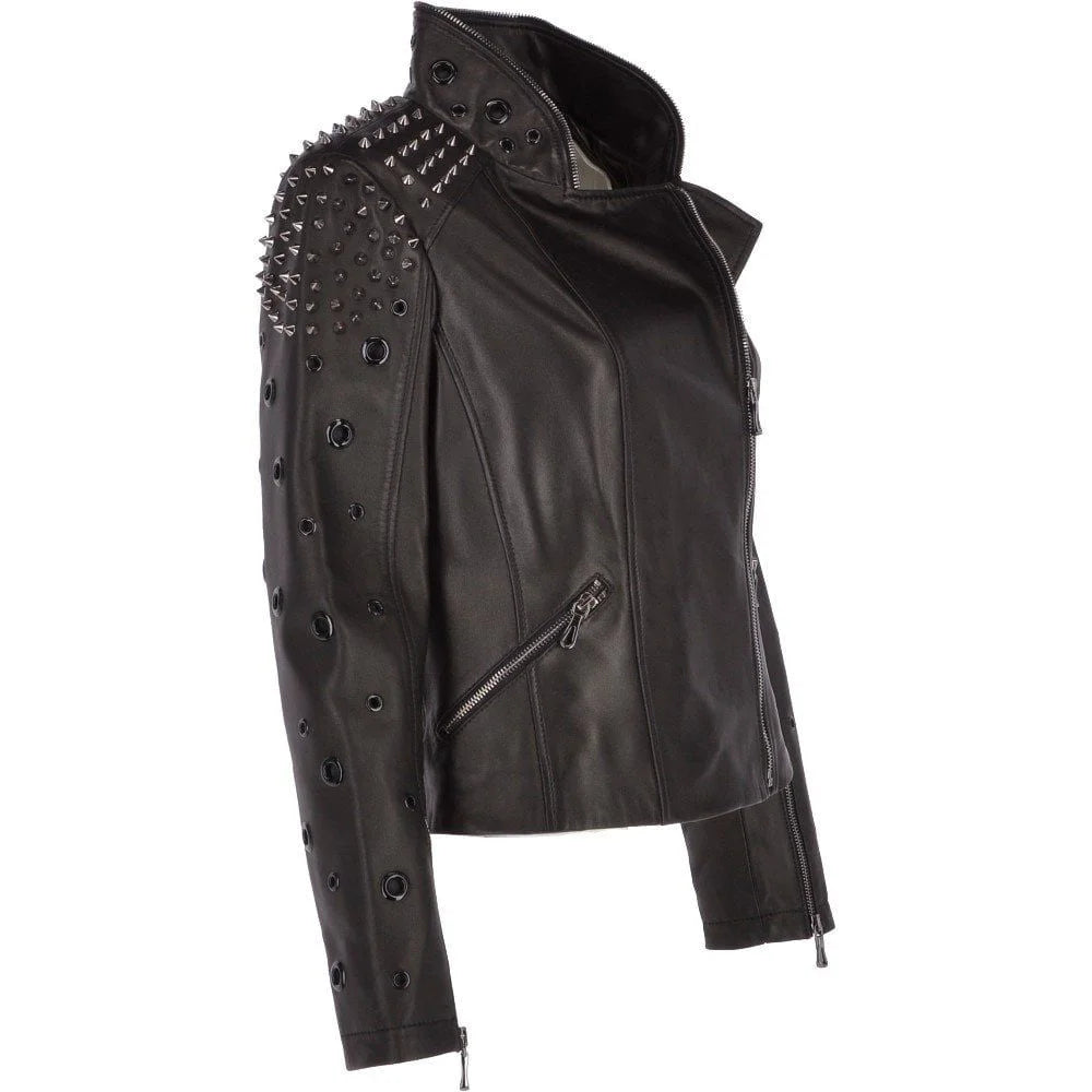 Women's Black Studded Classic Leather Jacket