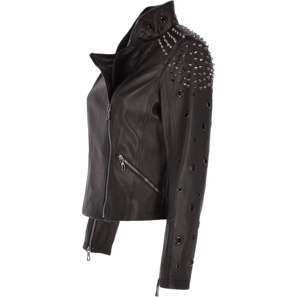 Women's Black Studded Classic Leather Jacket