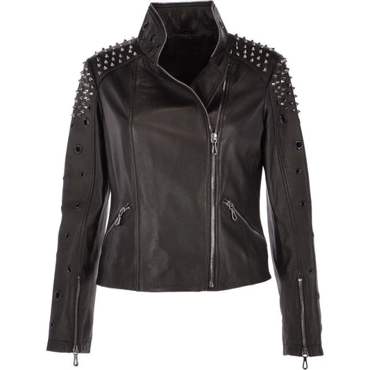Women's Black Studded Classic Leather Jacket