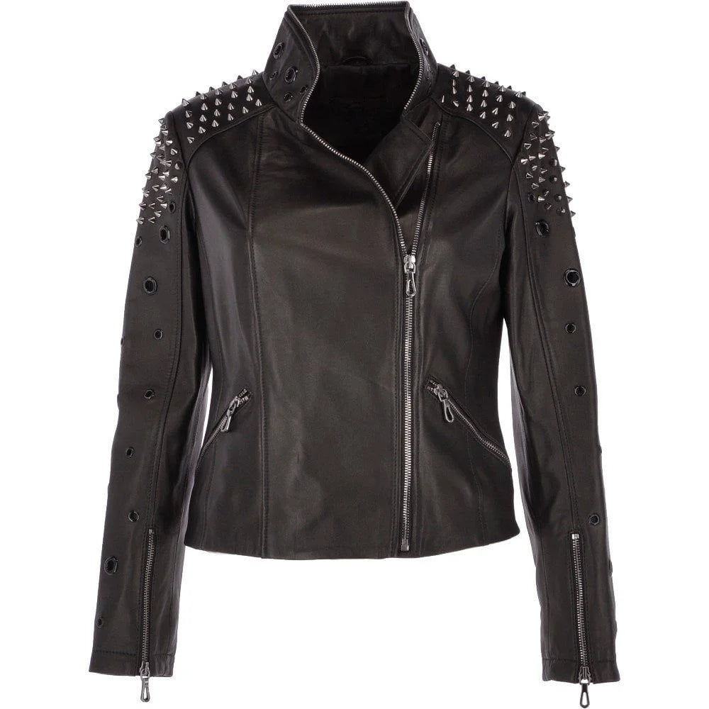 Women's Black Studded Classic Leather Jacket