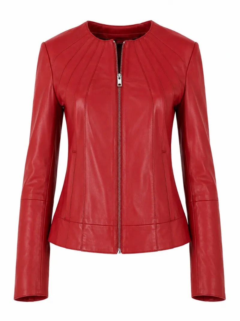 Women's Bold Red Leather Zip-Up Jacket Front 