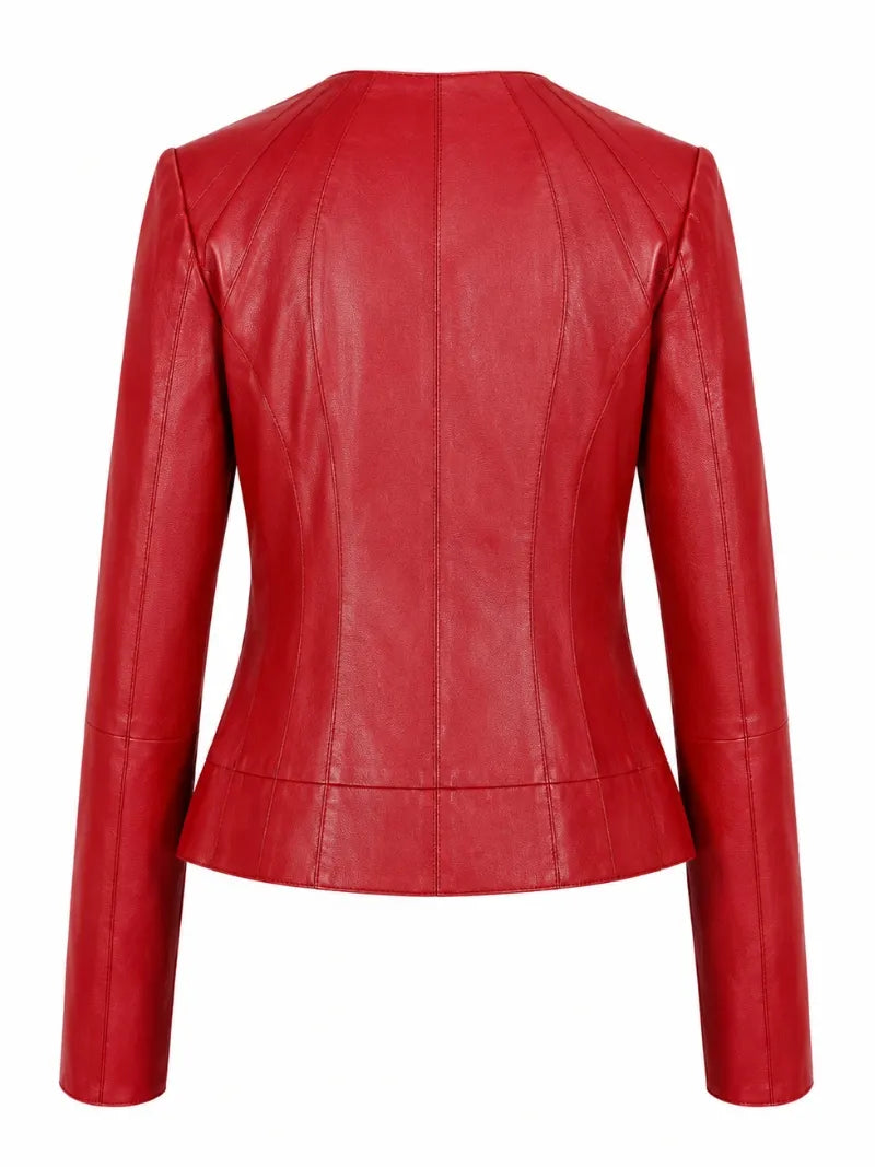 Women's Bold Red Leather Zip-Up Jacket Back 