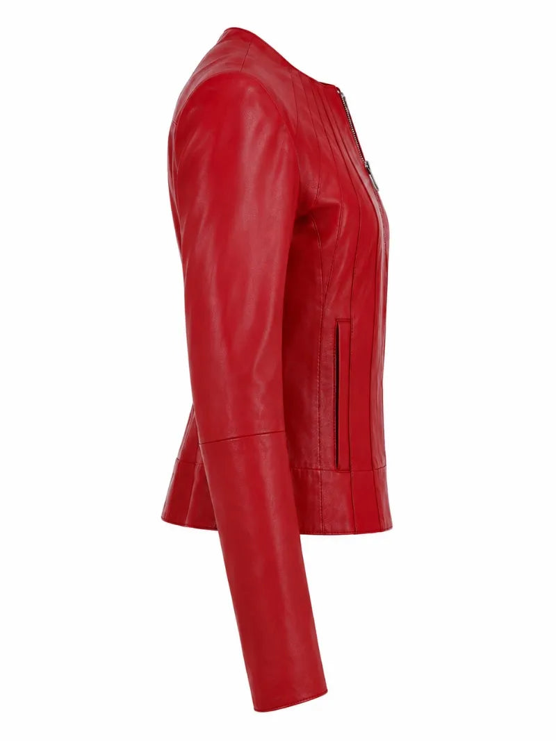 Women's Bold Red Leather Zip-Up Jacket Right 