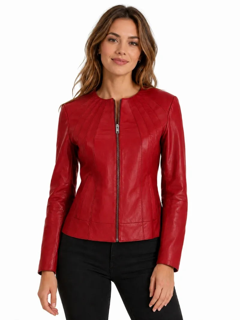 Women's Bold Red Leather Zip-Up Jacket Full