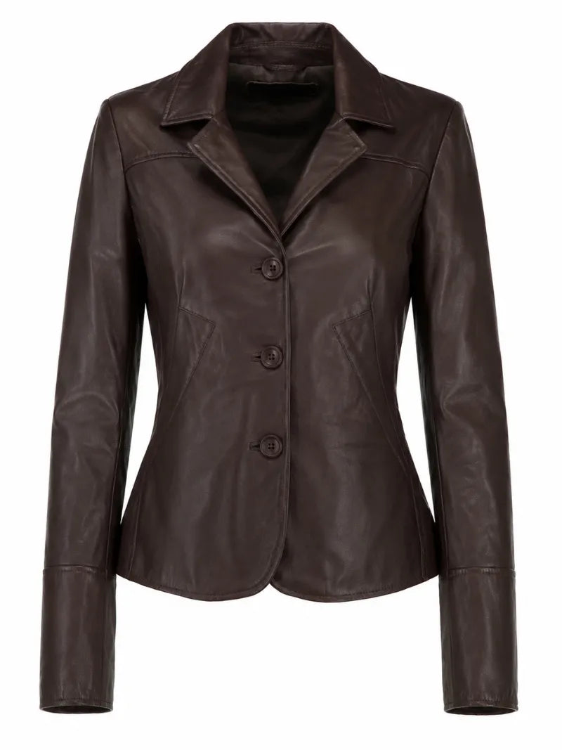 Women's Brown Buckle Straps Leather Jacket, front view