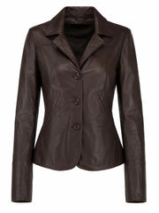 Women's Brown Buckle Straps Leather Jacket, front view